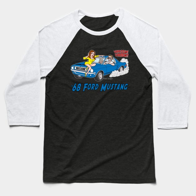 1968 Blue Ford Mustang Cartoon Baseball T-Shirt by AceToons